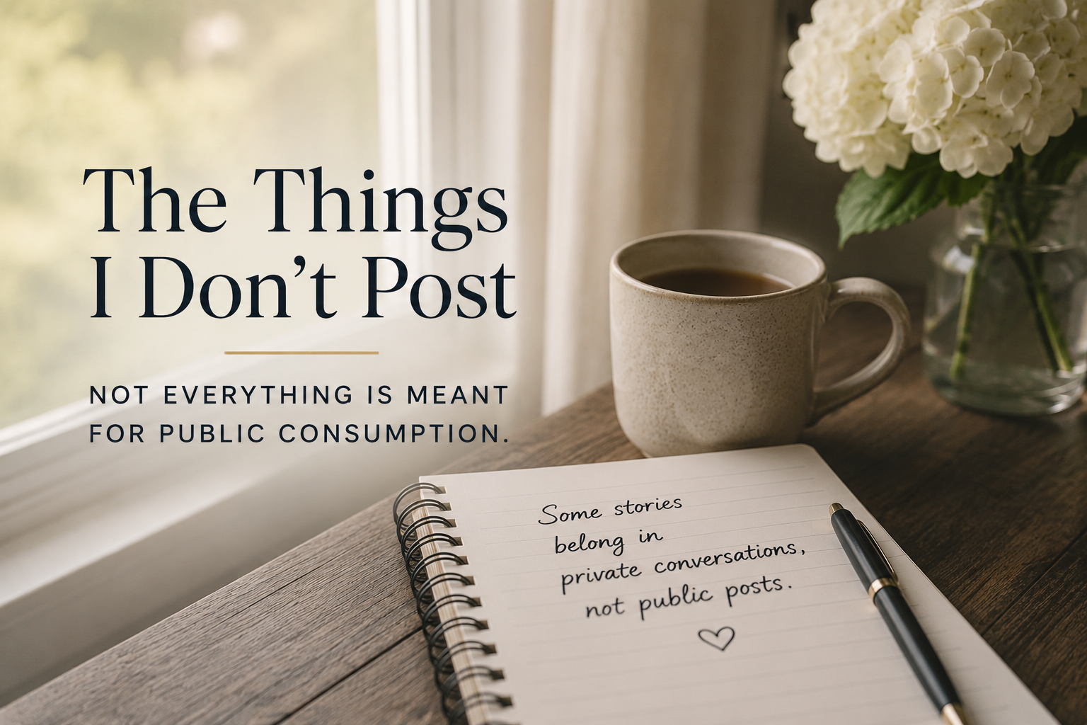 A softly lit writing desk beside a window with a notebook, coffee mug, flowers, and the title "The Things I Don't Post," symbolizing thoughtful reflection, privacy, and authentic living.