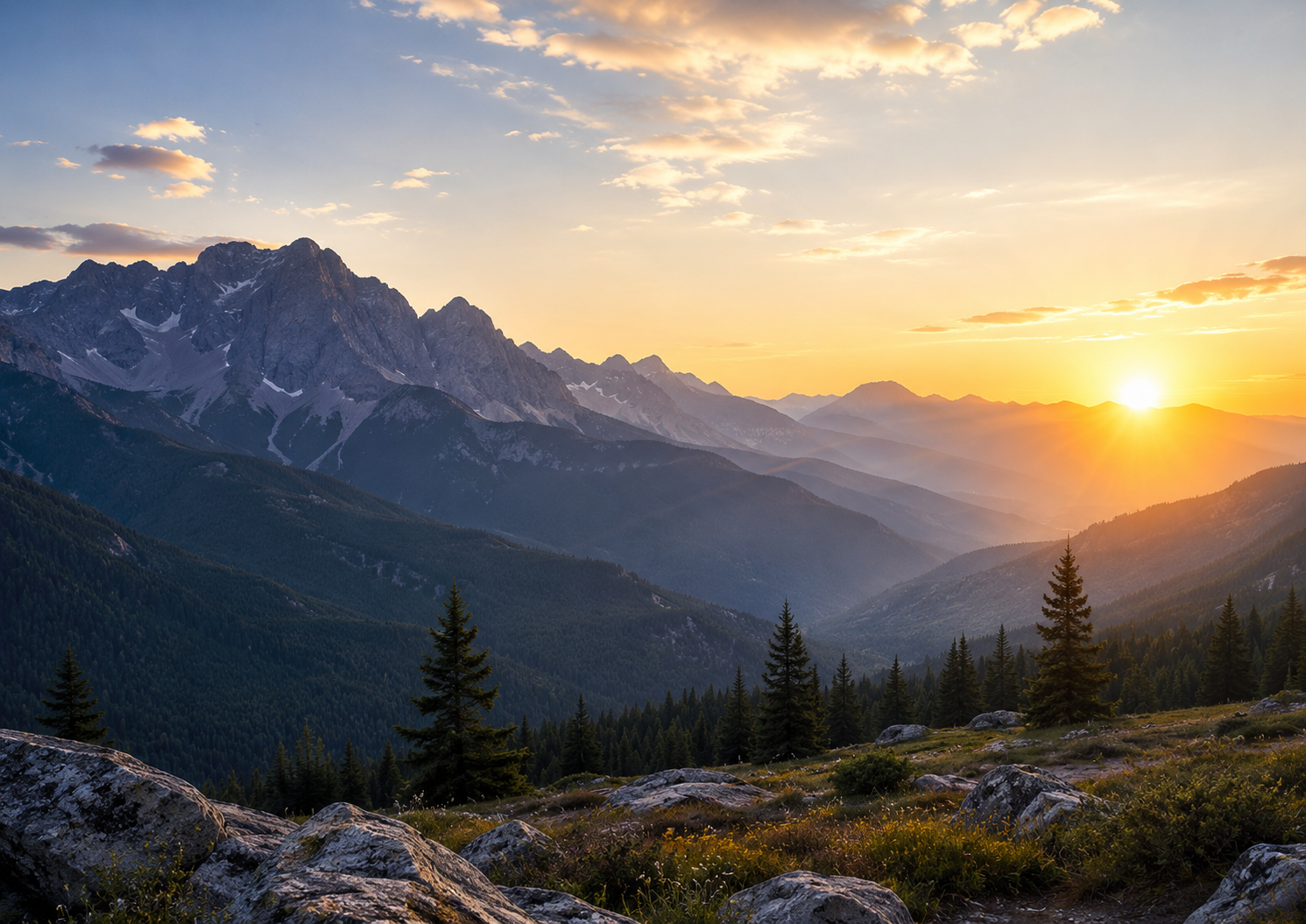 Golden sunlight rises over layered Colorado mountains, evergreen trees, and a quiet valley, reflecting the theme of moving through slower seasons with clarity and light.