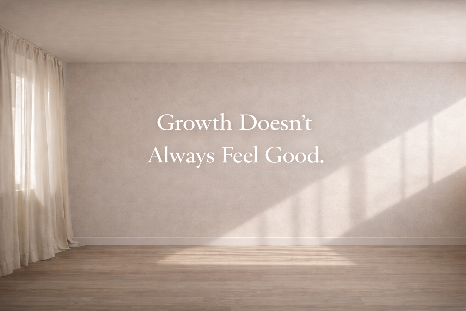 A minimalist neutral interior with soft natural light and shadows, symbolizing personal growth, reflection, and becoming.