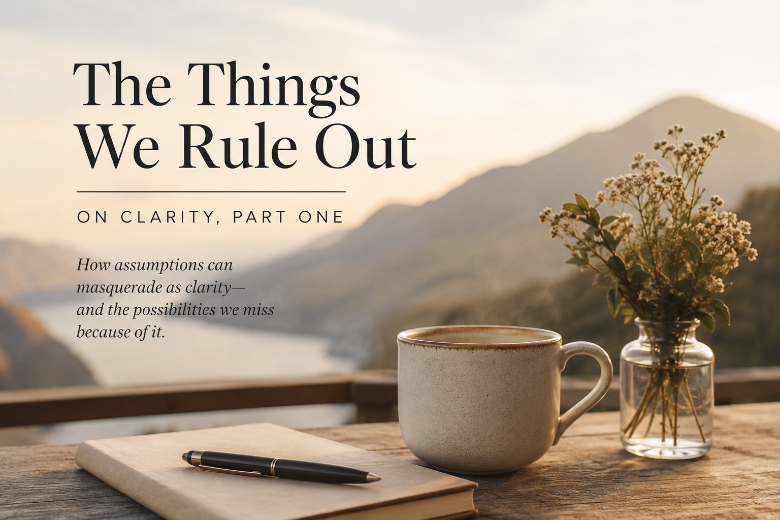 A journal, pen, coffee mug, and flowers on a wooden table overlooking a peaceful mountain lake, with the title “The Things We Rule Out.”