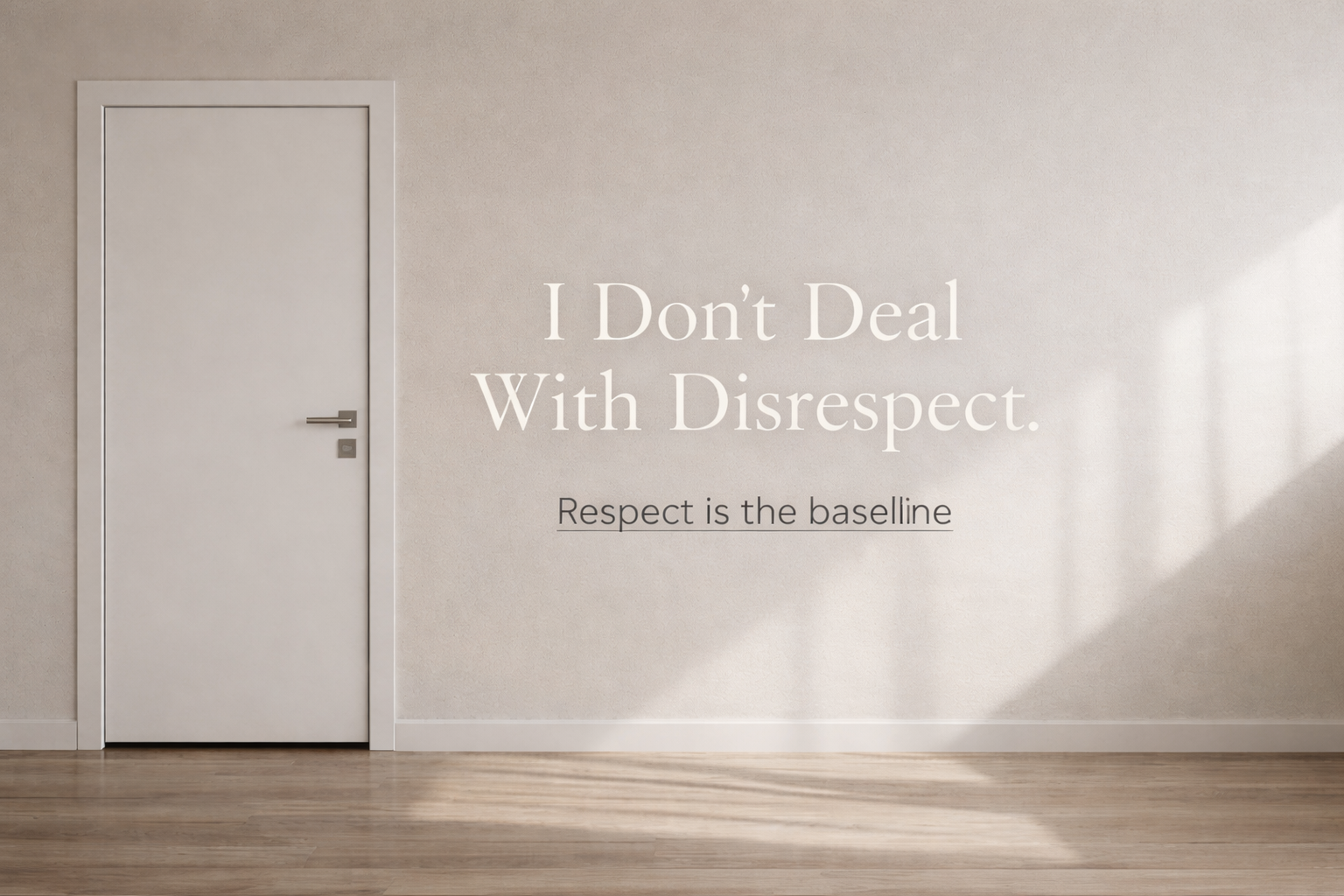 A confident woman standing calmly in a minimalist setting, representing strong boundaries, self-respect, and emotional leadership.