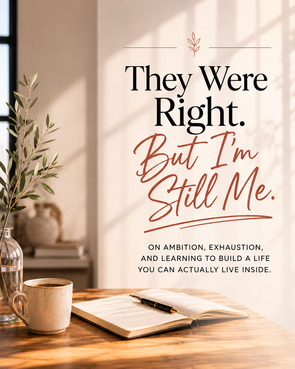 Minimalist blog graphic with warm sunlight shining across a neutral wall and wooden desk. On the desk are an open notebook, pen, coffee mug, and glass vase with olive branches. Large headline text reads, “They Were Right. But I’m Still Me.” Smaller text below reads, “On ambition, exhaustion, and learning to build a life you can actually live inside.”